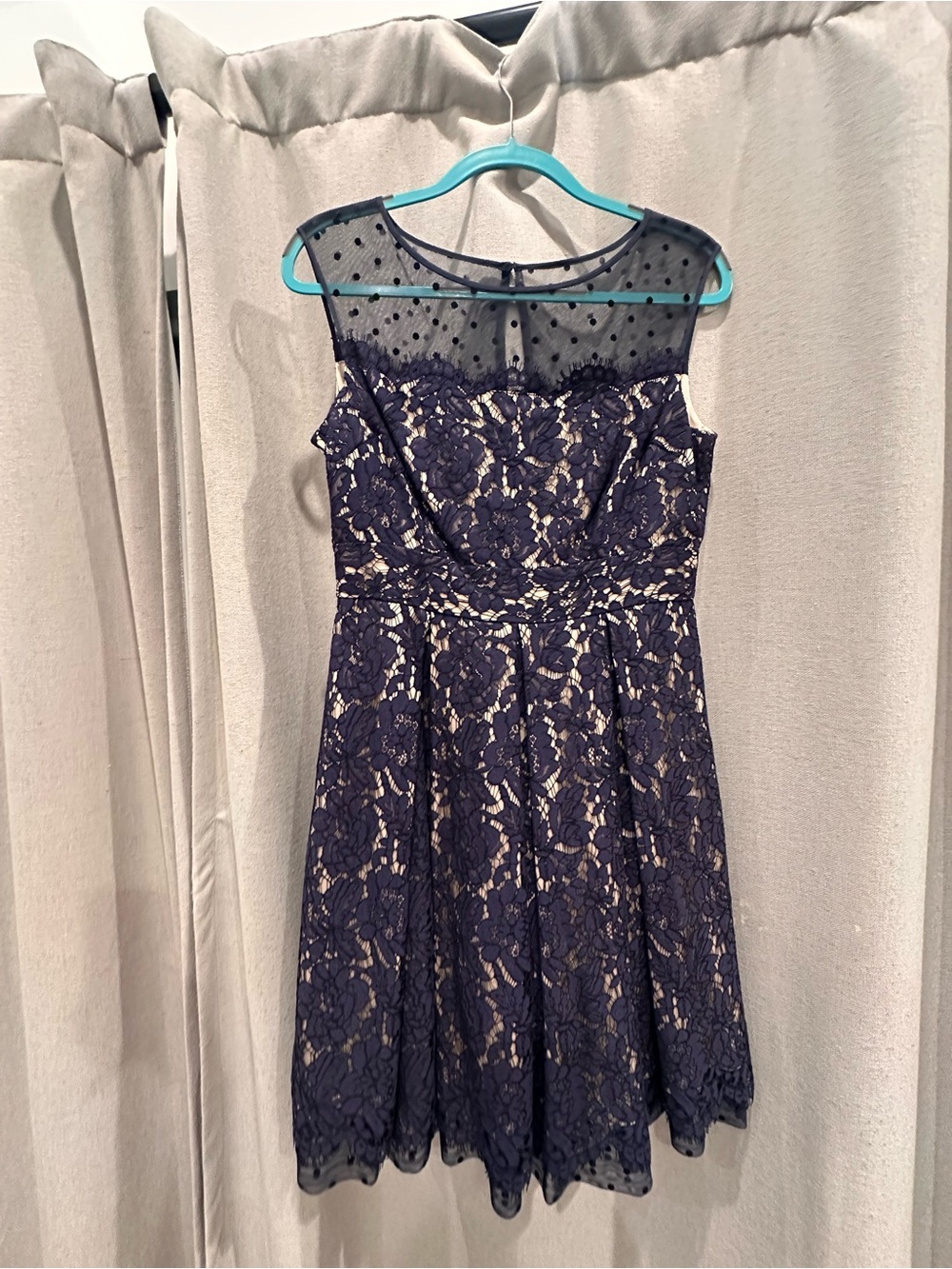 Eliza J Navy Lace Fit & Flare Dress with Sheer Polka Dot Yoke